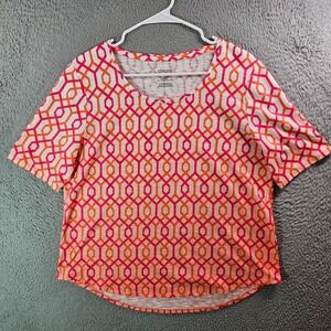 Chico's Ultimate Tee Top Size 2 Pink Orange Geometric Print Short Sleeve‎ Ombre